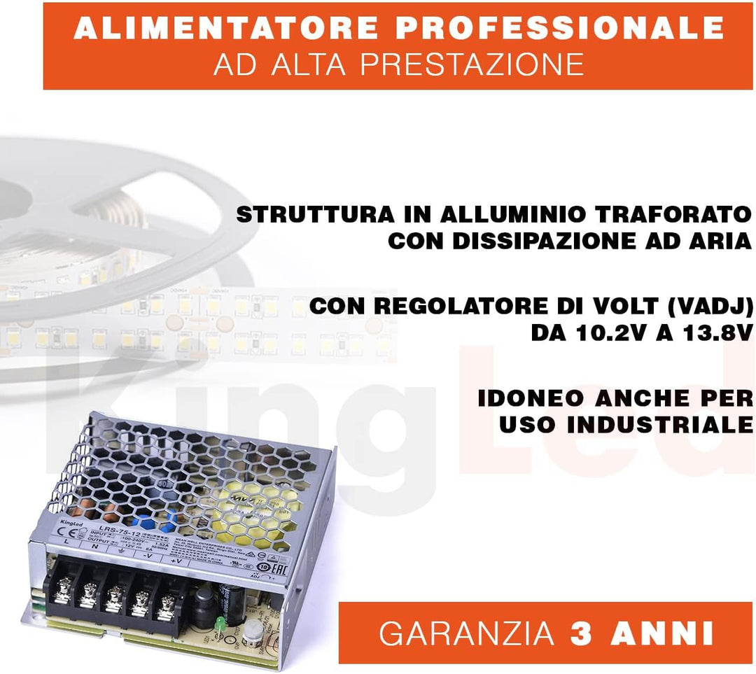 Kingled - Netzteil 12V serie MeanWell LRS-75-12 Power 75W 12V 6 Ampere - 12V Transformator 230V auf