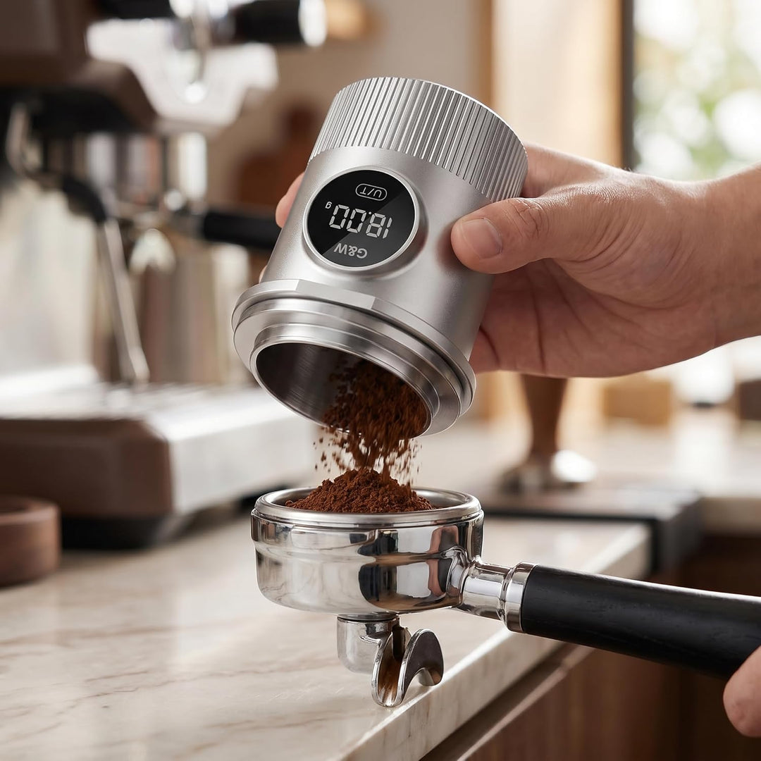 G&W Kaffee Dosing Cup Waage 58 mm, Digitale Espressowaage mit Becher, 0,05–0,1 g Genauigkeit bis 500