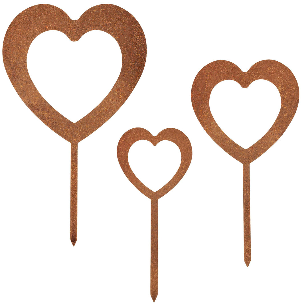 EXTRAVAGANT® 3er Set Herzen Stecker gross Gartendekoration Wohnungsdeko Metall Stahl Rost Edelrost w