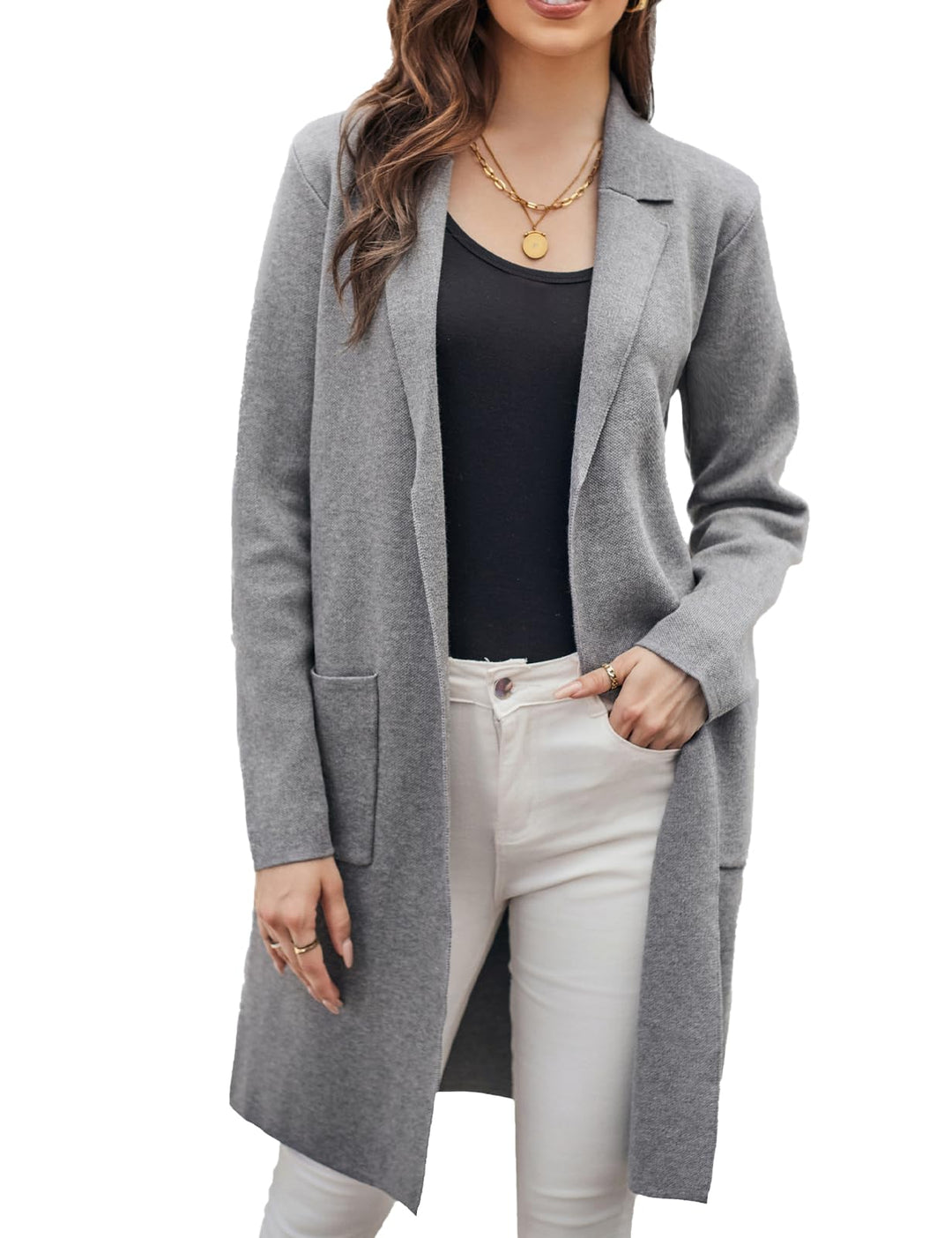 GRACE KARIN Damen Offene Lang Strickmantal Mittellang Anzug-Stil Revers Casual Strickjacke Pullover