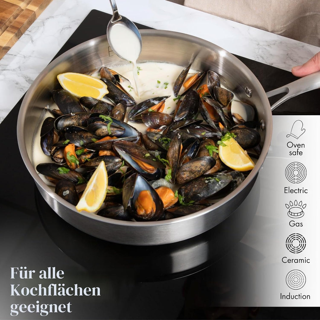 nuovva Edelstahl-Sautépfanne mit Glasdeckel, Induktionsherd, antihaftbeschichtet, 28 cm Bratpfanne S