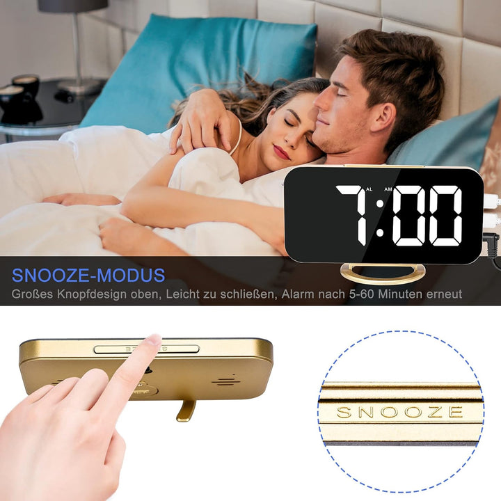 SZELAM Digitaler Wecker, Wecker am Bett, 7-Zoll-LED-Spiegelwecker, mit 2 USB-Ladeanschlüssen, Schlum