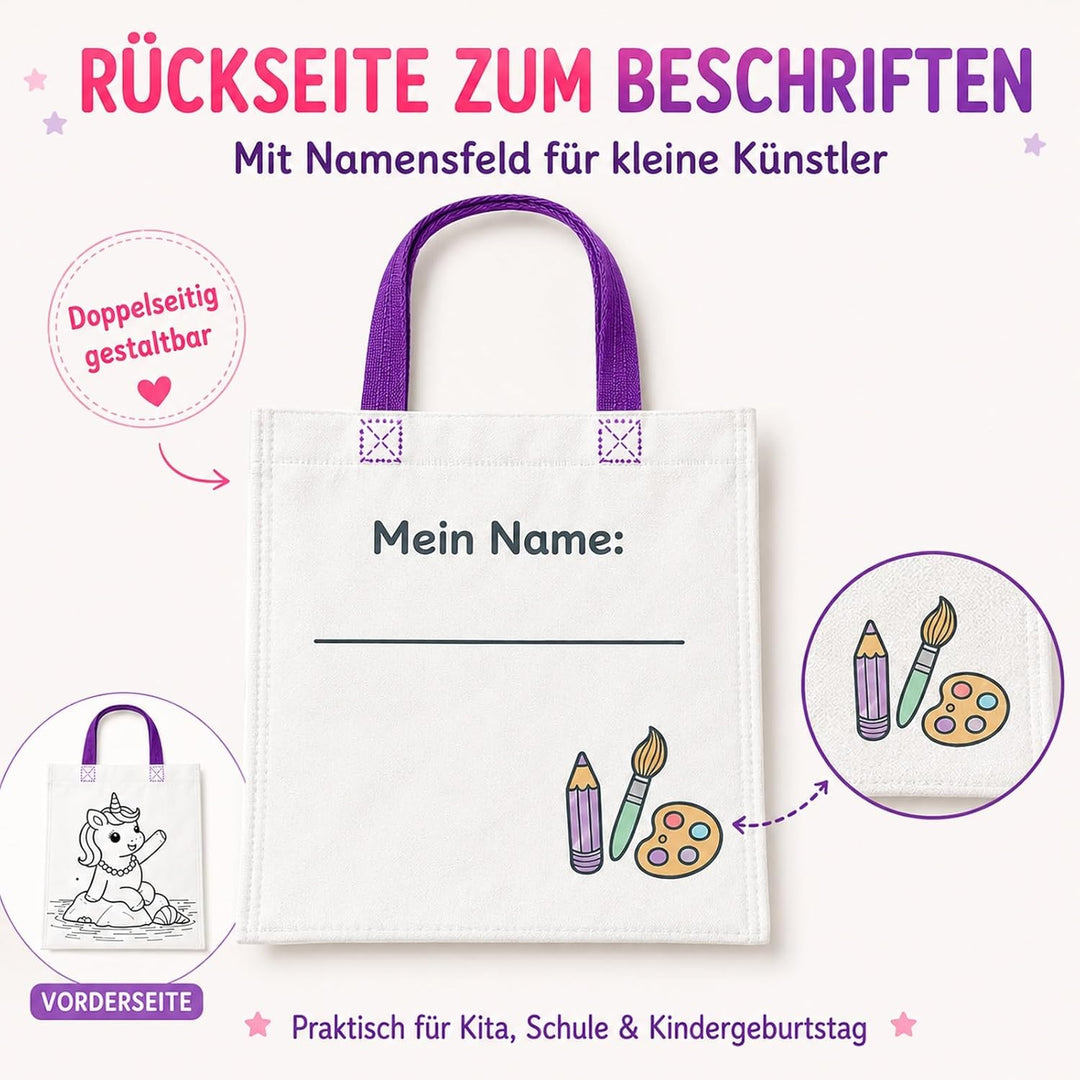 Einhorn Taschen zum Bemalen 34-tlg. Set – 14 Stoffbeutel zum Bemalen für Kinder mit 14 Holzanhängern