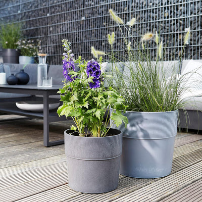 Scheurich Groove+ 40, Pflanzgefäss/Pflanzkübel, rund, Farbe: Concrete, hergestellt mit recyceltem Ku