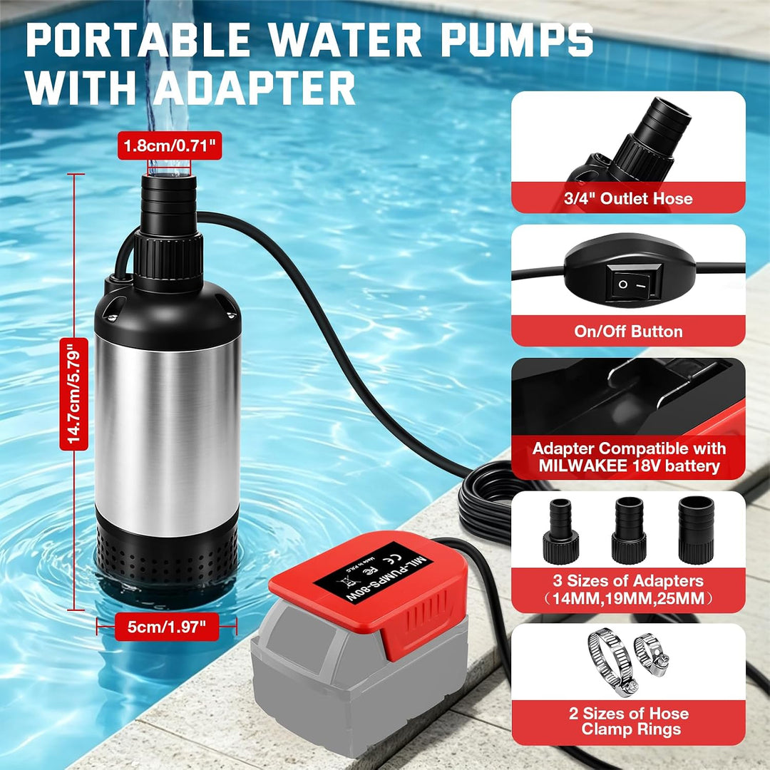 Wasserpumpe für Milwaukee 18V Akku, 3800L/H Bürstenlose Tauchpumpe Sumpfpumpe Schmutzwasserpumpe Abs