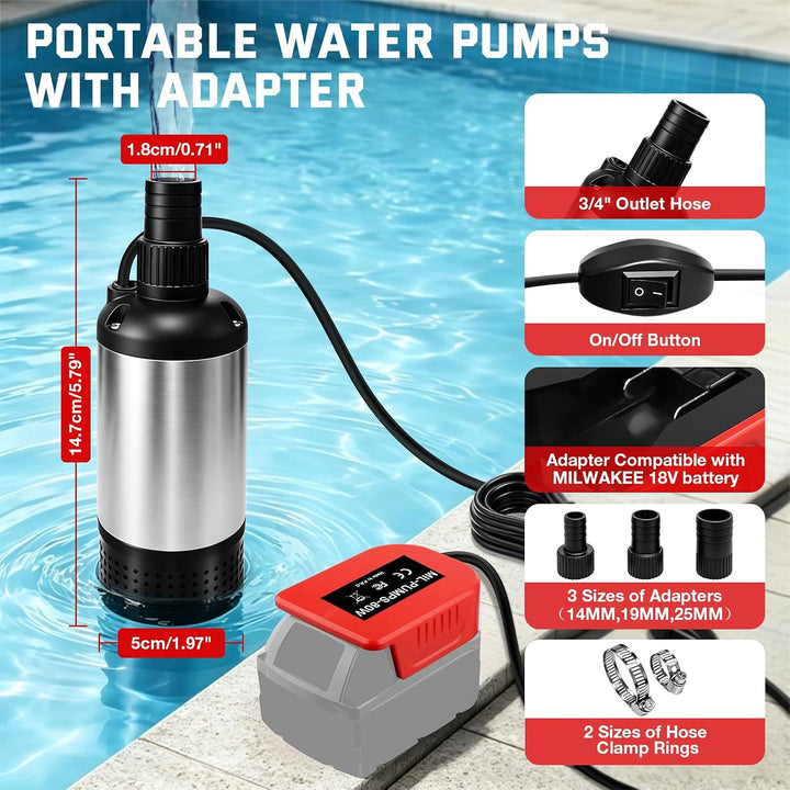 Wasserpumpe für Milwaukee 18V Akku, 3800L/H Bürstenlose Tauchpumpe Sumpfpumpe Schmutzwasserpumpe Abs