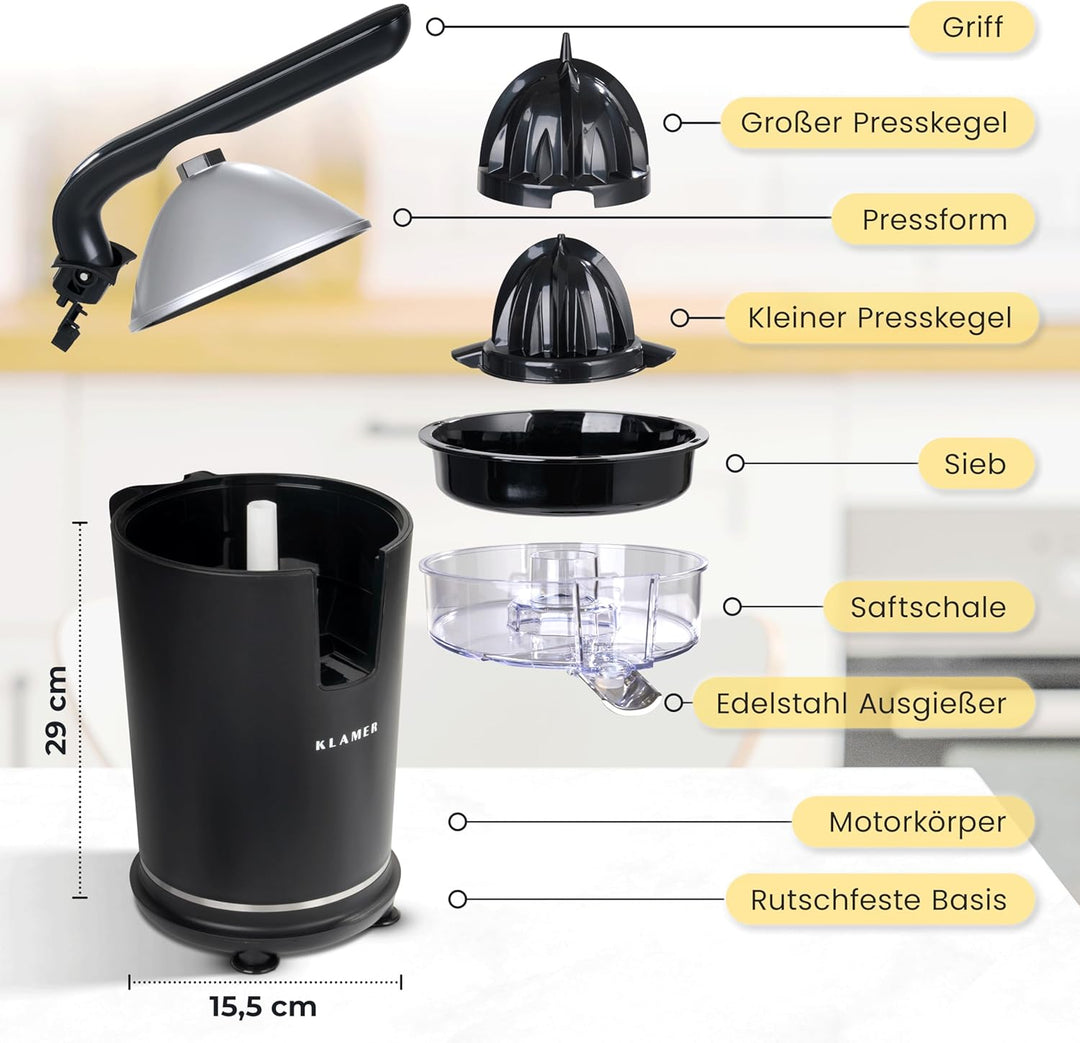 KLAMER Saftpresse elektrisch mit zwei Presskegeln – Zitruspresse für Orangen, Zitronen, Limetten & G