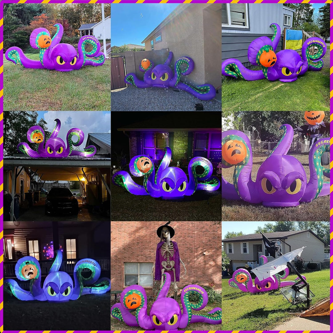 360CM Halloween Aufblasbarer Oktopus mit Kürbis Eingebaut 7 integrierten LED-Leuchten für Halloween