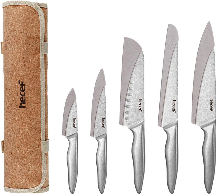 hecef Messerset mit 5 Slots Rolltasche und Messerscheide, Weinlese Stonewashed Edelstahl Messer Set
