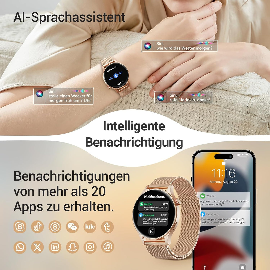 Smartwatch Damen Herren Rund mit Telefonfunktion- 1.32" AMOLED Display, Fitnessuhr mit 110+ Sportmod