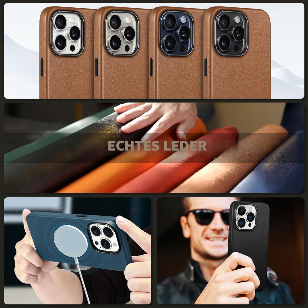 SHIELDON Hülle für iPhone 15 Pro Handyhülle Case [Echtleder] [Kabellos Laden] [Magnet] [Ultra Dünn]