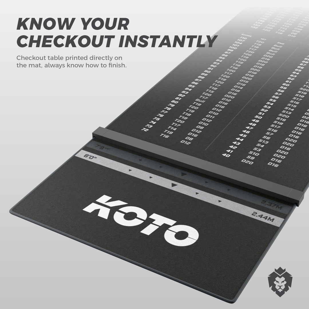 KOTO - Dartteppich Mit Abwurflinie Checkout 285 x 80 cm, Dartmatte, Score Indikator, rutschfeste Dar
