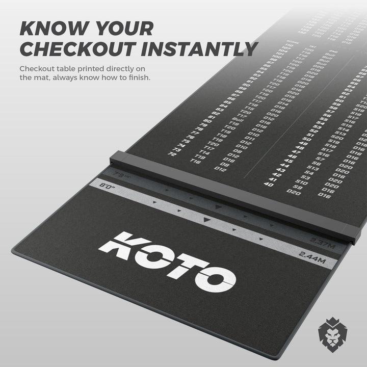KOTO - Dartteppich Mit Abwurflinie Checkout 285 x 80 cm, Dartmatte, Score Indikator, rutschfeste Dar