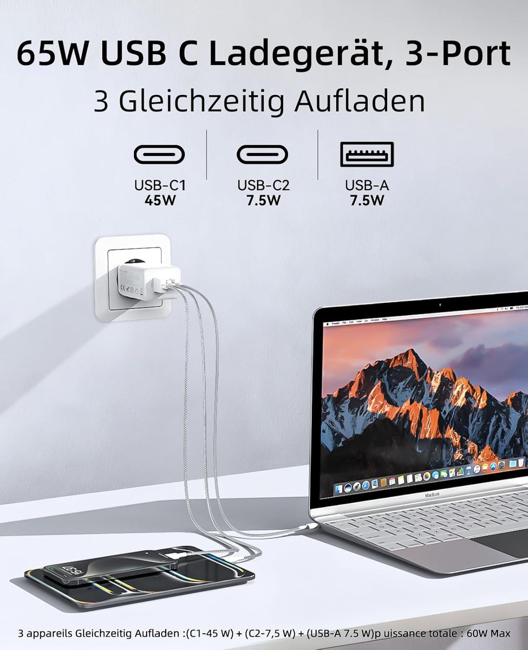 USB C Ladegerät 65W 3-Port,USB-C Netzteil Charger PPS 60W Schnellladegerät PD Ladestecker, kompatibe