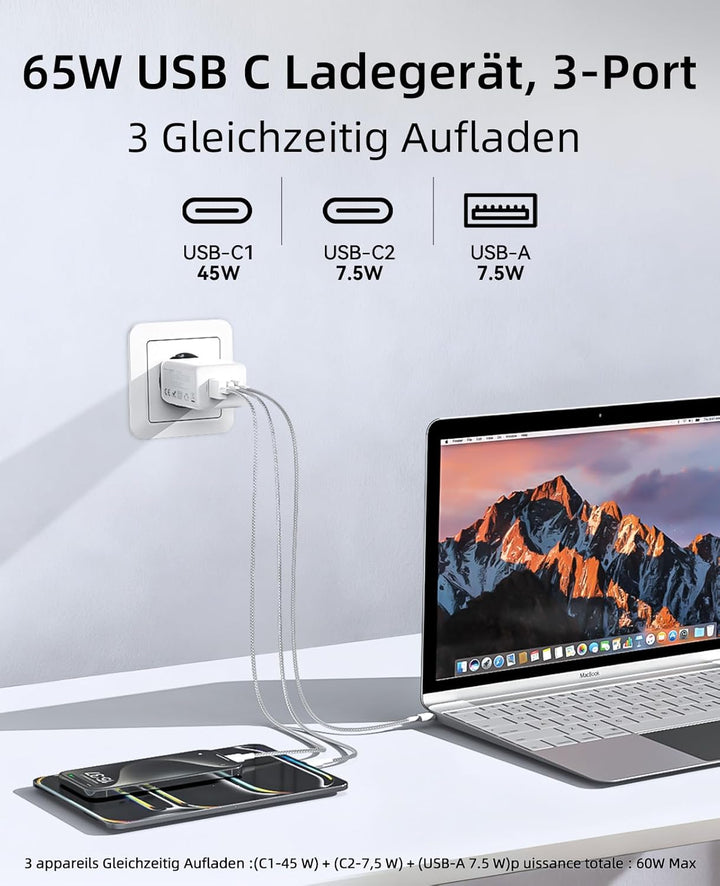 USB C Ladegerät 65W 3-Port,USB-C Netzteil Charger PPS 60W Schnellladegerät PD Ladestecker, kompatibe