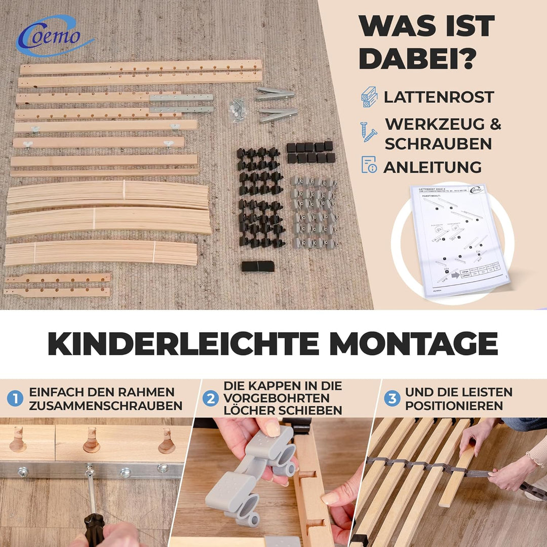 Coemo Lattenrost für Betten mit 7-Zonen, 2er-Set, Kopfteil verstellbar, Camping Lattenrost, 90x200,