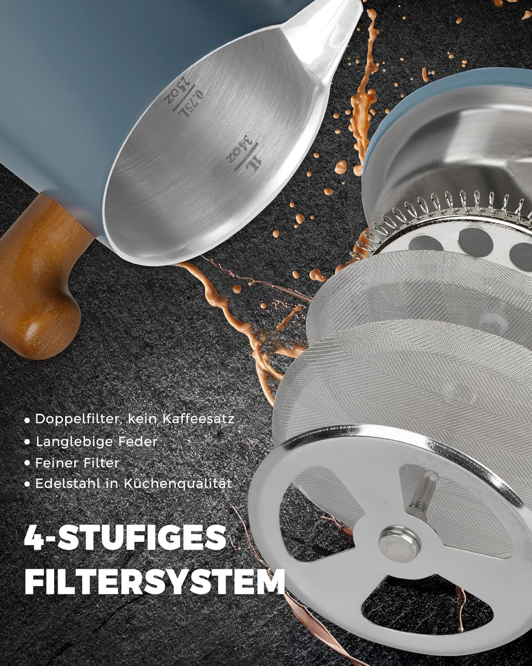 POLIVIAR 7379 French Press 1 Liter Edelstahl – Doppelwandige French Press Thermo Kaffeepresse mit Ho