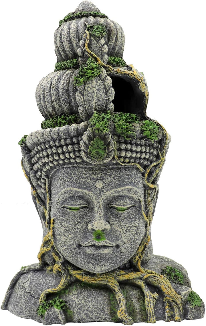 MUYIRTED Buddha Aquarium Dekoration Höhle Grosse Aquarium Ornamente, Grüne Moos Pflanze Bedeckt Stei