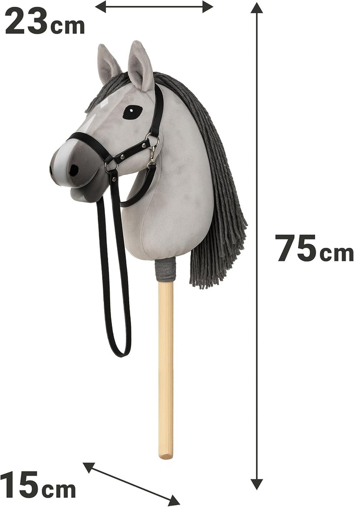 CELMAN Hobby Horse Steckenpferd Grau mit Zaumzeug & Leine – A3 Kopfgrösse – Grosser Reitspass für Ki