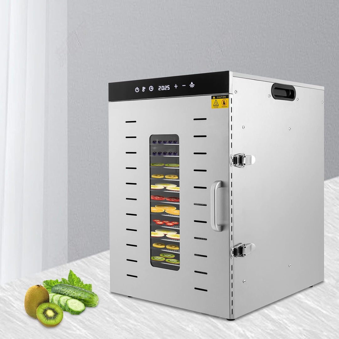 Dörrautomat Edelstahl 1500W, 16 Etagen Dörrgerät 30-90℃ mit 24h Timer und Touch Screen, Trockner für