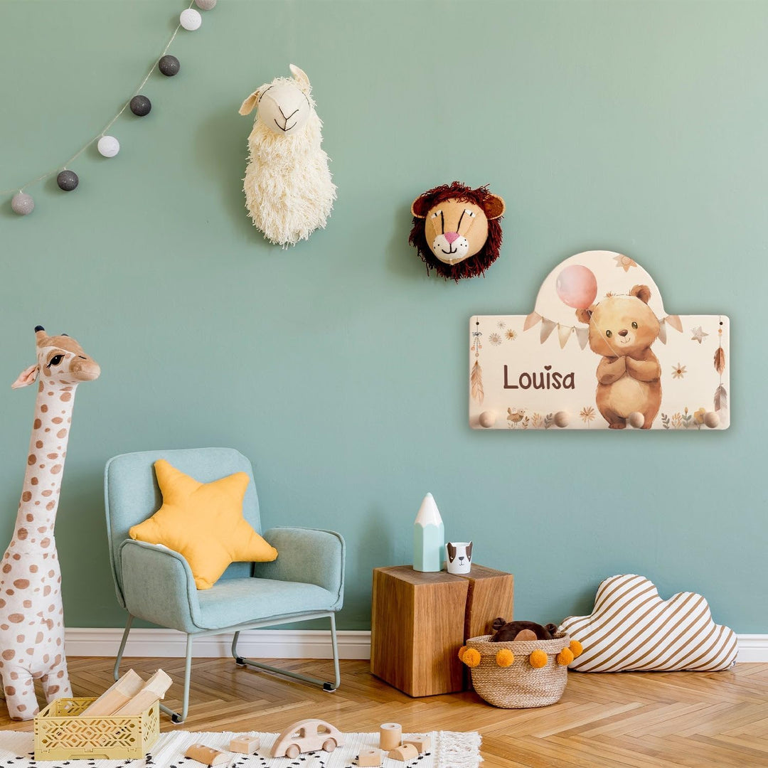 GRAVURZEILE Personalisierte Kindergarderobe - Bär - Personalisiert mit Name - Garderobe aus Holz mit