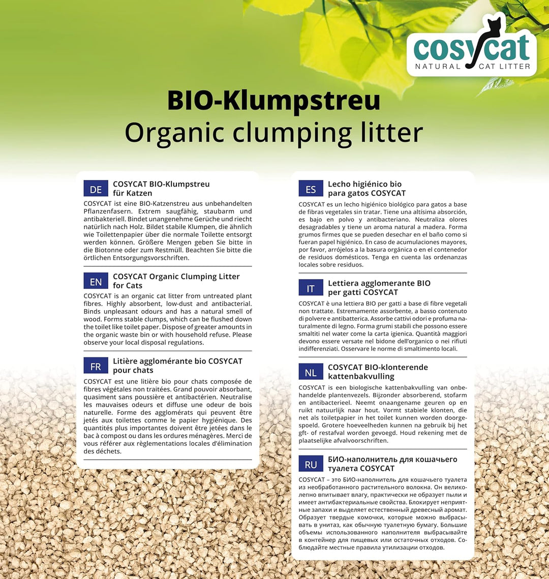 COSYCAT Klumpendes Bio-Katzenstreu aus Holz [100% Natürlich] – 40 l - in der Toilette entsorgbar – K