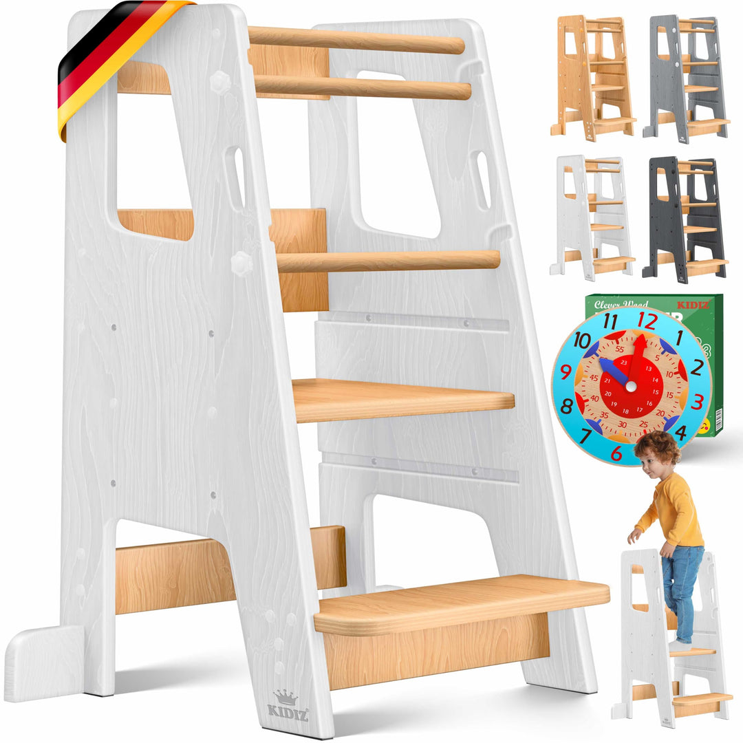 KIDIZ® Lernturm für Kinder ab 1 Jahr inkl. Lernuhr | 3-stufig Höhenverstellbarer Tritthocker aus Kie