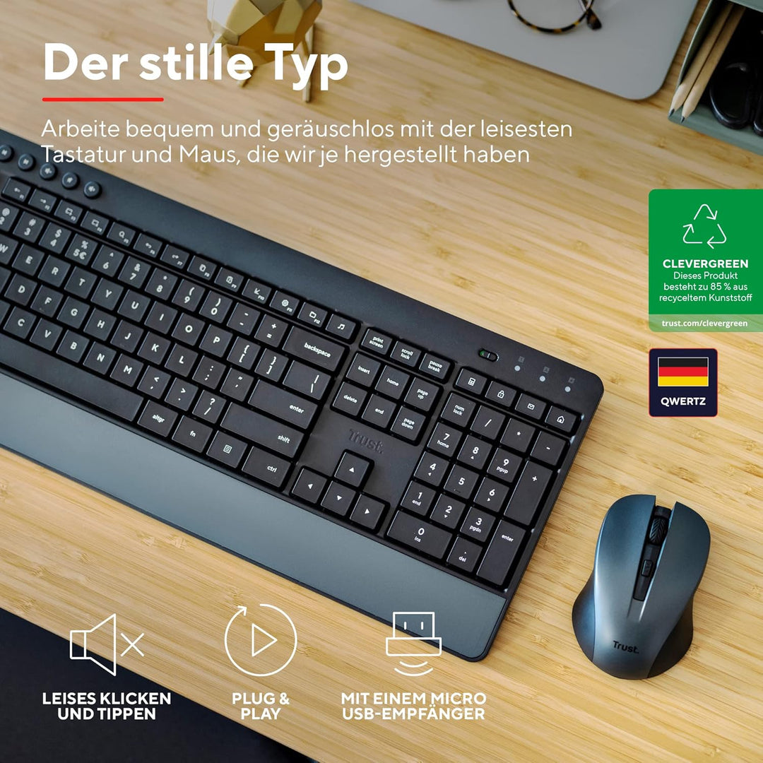Trust Trezo Tastatur Maus Set Kabellos, Deutsches QWERTZ-Layout, Nachhaltiges Design, Schwarz &amp; Vert