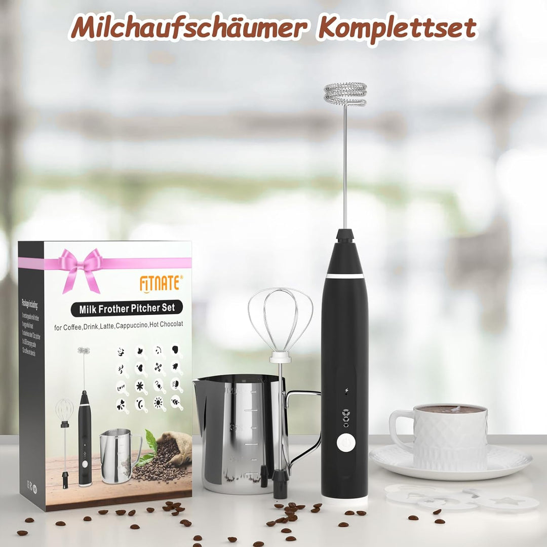 FITNATE USB Milk Coffee frother, elektrischer Milchaufschäumer Stab mit 3 Stufen, 2 Edelstahl Schnee