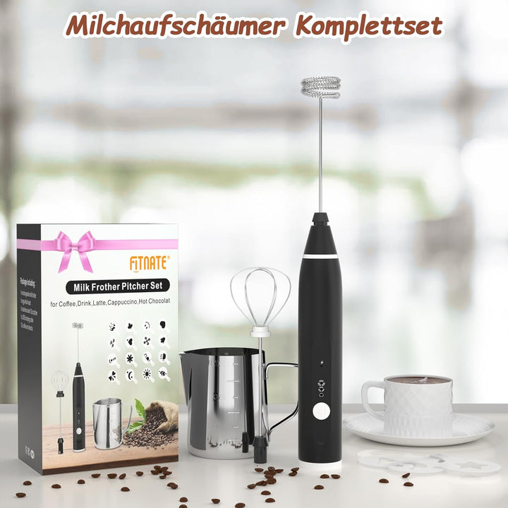 FITNATE USB Milk Coffee frother, elektrischer Milchaufschäumer Stab mit 3 Stufen, 2 Edelstahl Schnee