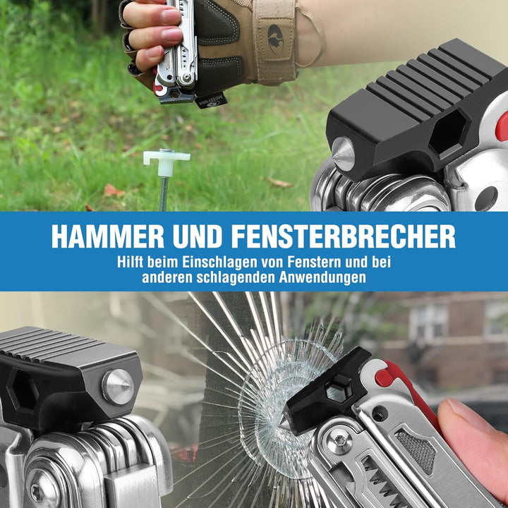 FLISSA Multifunktionszange 19-in-1, Multitool mit Glasbrecher und Feuerstarter, faltbares Multifunkt