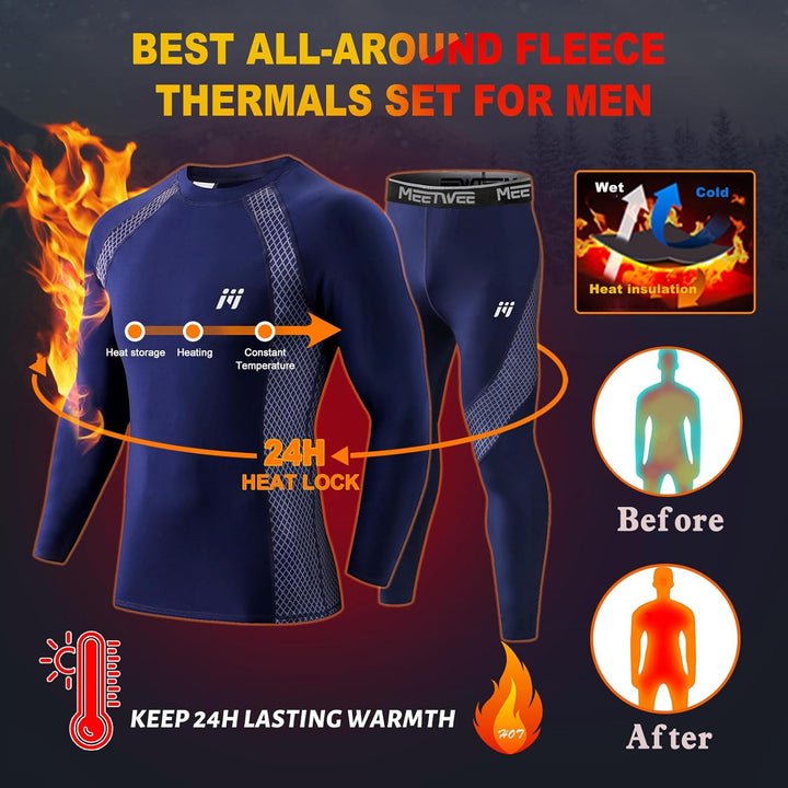 Herren Thermounterwäsche Funktionsunterwäsche Atmungsaktiv Thermo Unterwäsche Baselayer-Set, Blau