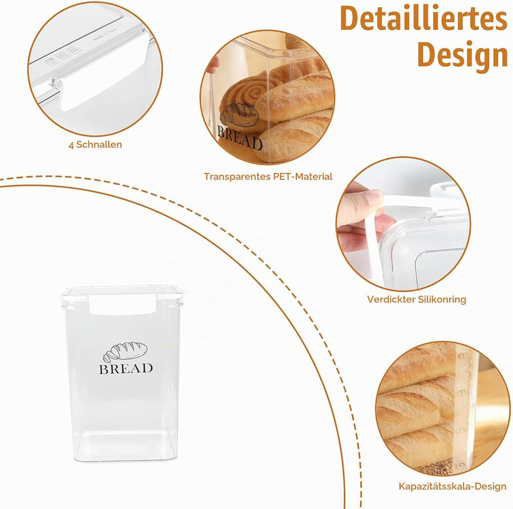 Brotbox Aufbewahrung mit Deckel Clipverschluss – luftdichte Brot Aufbewahrungsdose transparent aus K