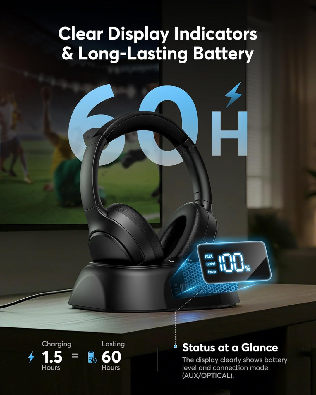 Doohoeek TV Kopfhörer Kabellos, Bluetooth 5.3 Over-Ear Headphones mit Ladestation&Digital Display, P