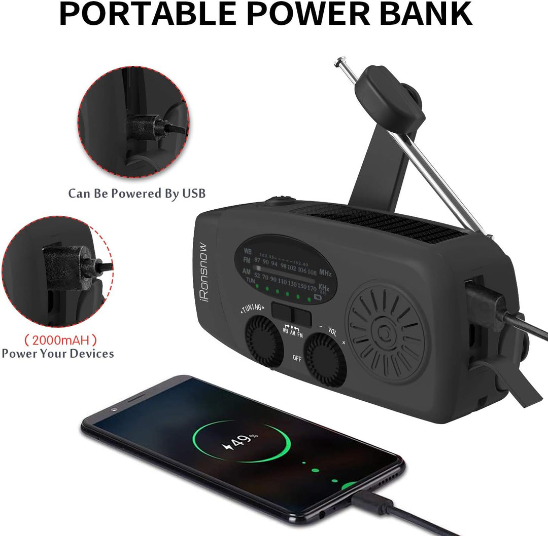 iRonsnow Notfall-Solarradio, Tragbare Kurbelradio mit LED-Taschenlampe, SOS-Alarm, AM/FM/WB Solar Wi