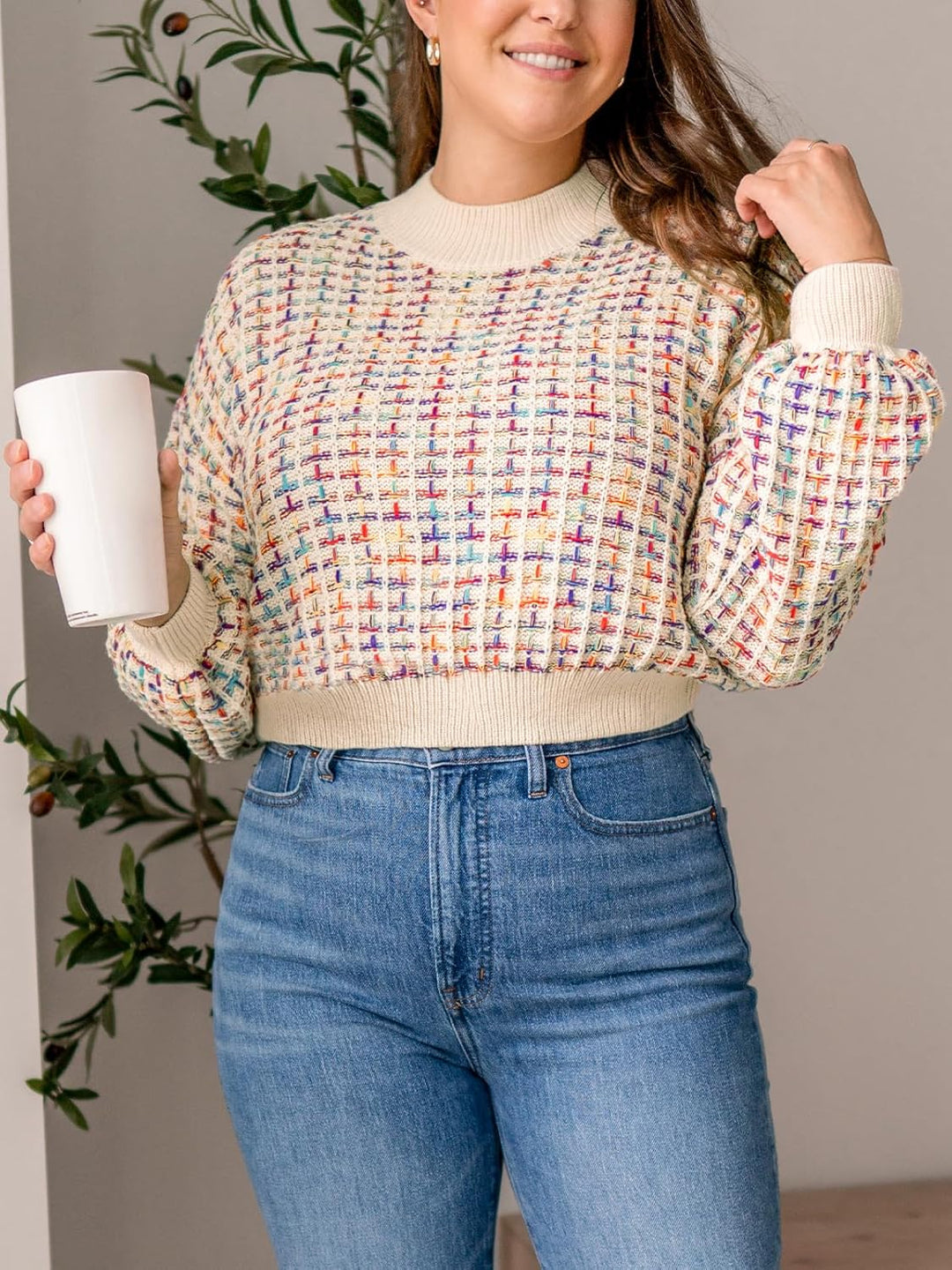 CUPSHE Damen Strickpullover Rundhals Puffärmel Melange Optik Grobstrick Pulli Oberteile Crop Tops Kn
