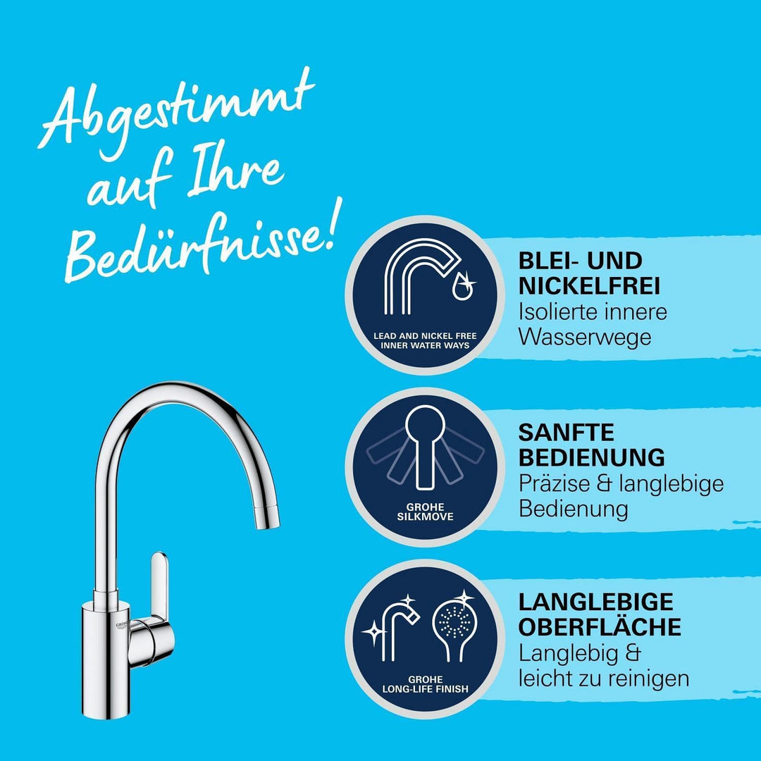 GROHE Get - Einhand-Spültischbatterie (Schwenkbereich wählbar: 0° / 150°, Einlochmontage, flexible A
