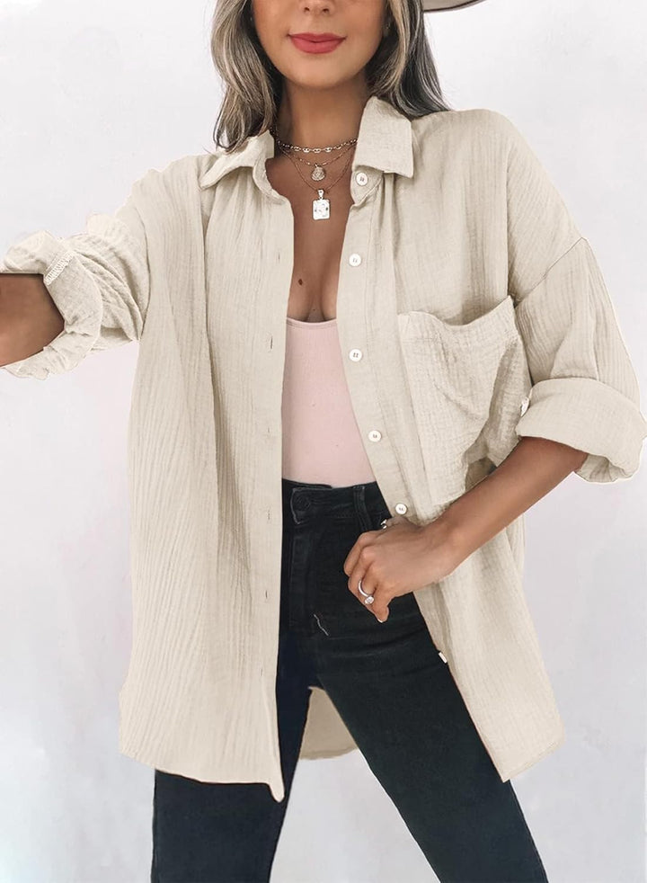 Dokotoo Bluse Damen Musselin Langarmshirt Baumwolle Lässig Oberteile Hemd Langarm Einfarbig Tops Far
