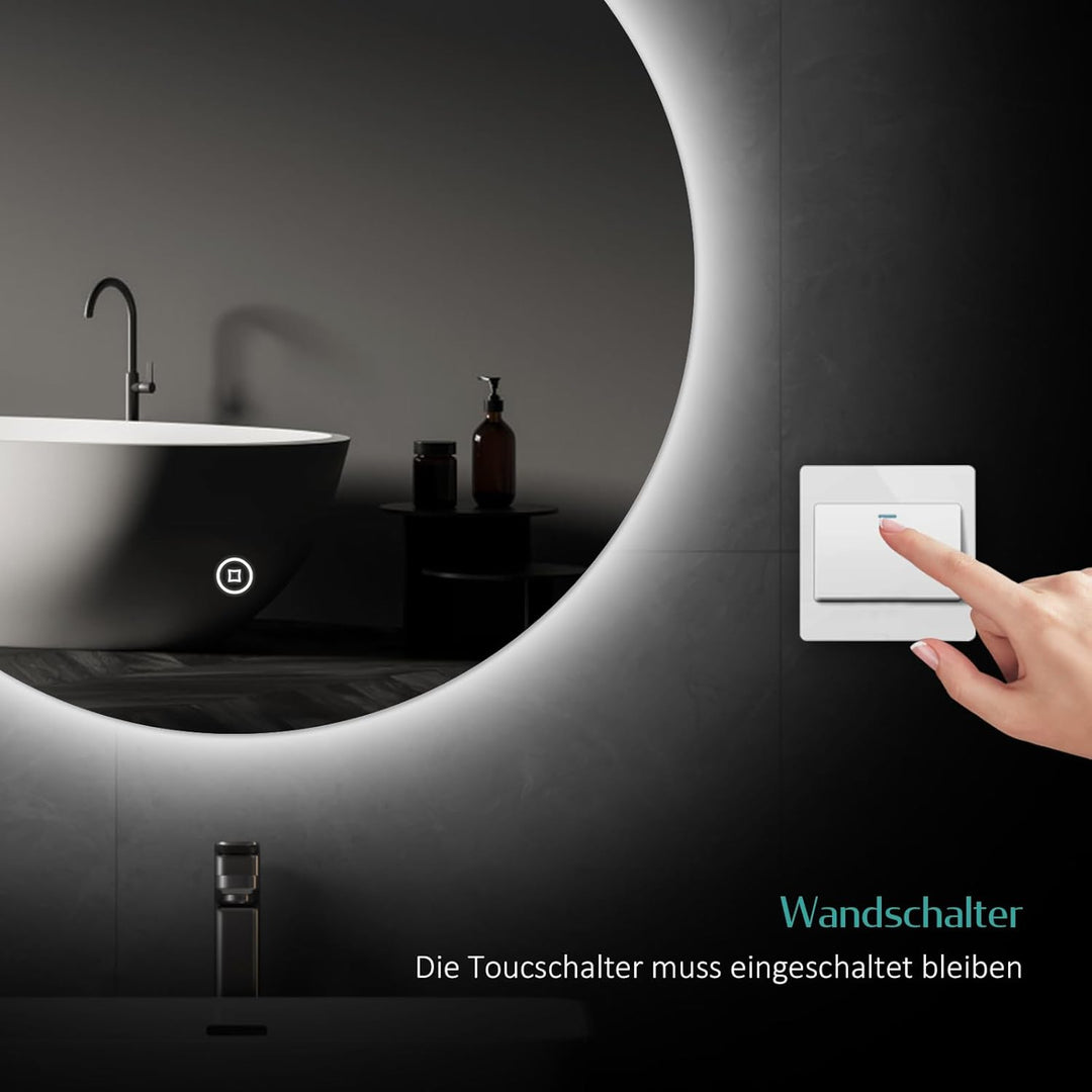 EMKE Badspiegel mit Beleuchtung Rund 70cm Rund LED Badspiegel mit Touch-Schalter, Dimmbar, 6500K, 3