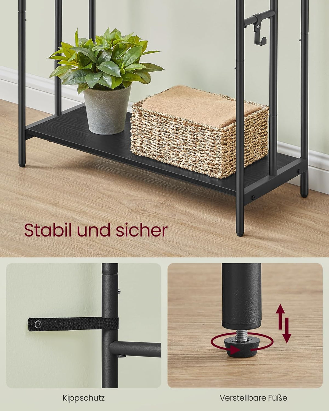 VASAGLE Handtuchhalter, stehend, Handtuchständer 3 Stangen, 70 x 30 x 100 cm, 2 Haken, Ablage, für D