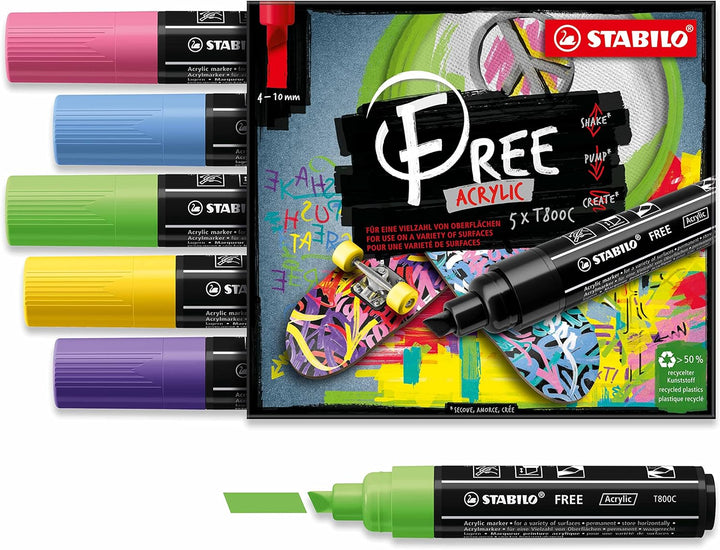 Acrylmarker - STABILO FREE Acrylic - T800C Keilspitze 4-10mm - Seaside - 5er Pack - mit 5 verschiede