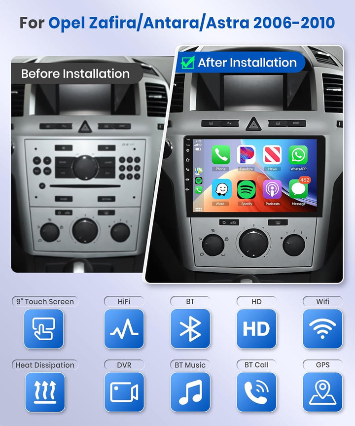 Podofo 2+32G Wireless Apple Carplay 9 Zoll Autoradio 2 Din Für Opel Zafira Antara/Astra 2006-2010 An