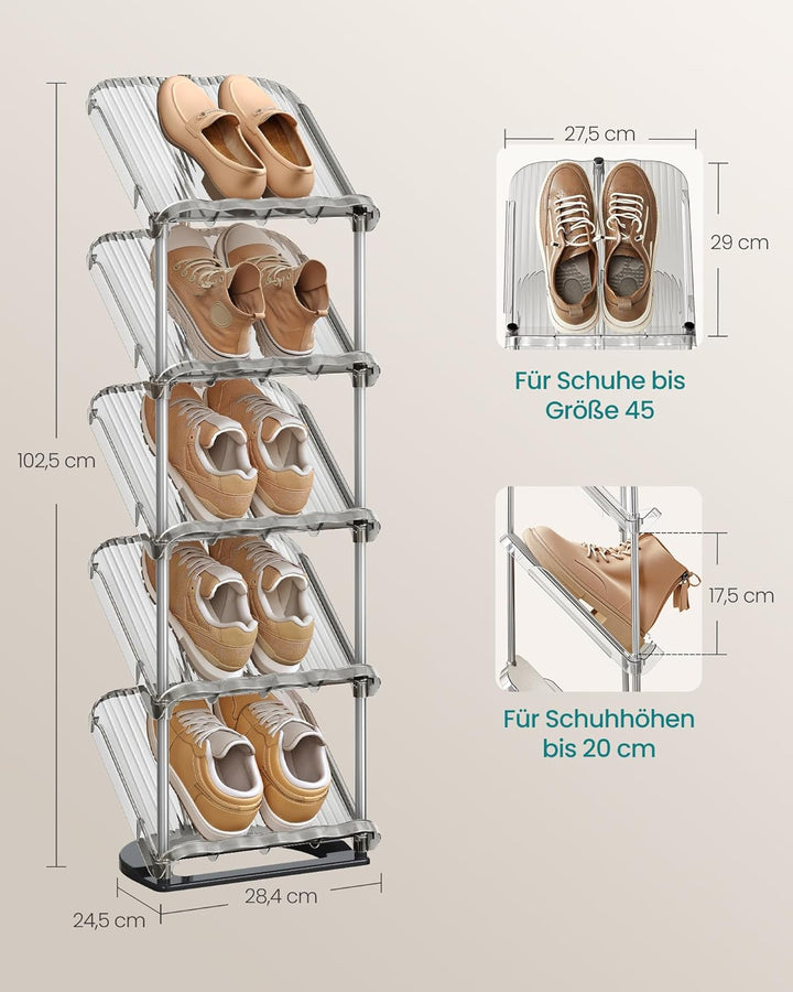 SONGMICS Schuhregal, 5 Ebenen, schräge Schuhablage, Schuhaufbewahrung, Kunststoff, 24,5 x 28,4 x 102