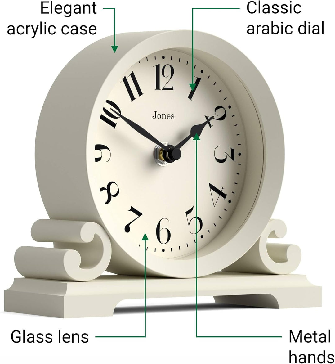 JONES CLOCKS® Saloon Tischuhr I Traditionelles DoppelIscrollIDesign I Hellcreme I Zeitgenössischer k