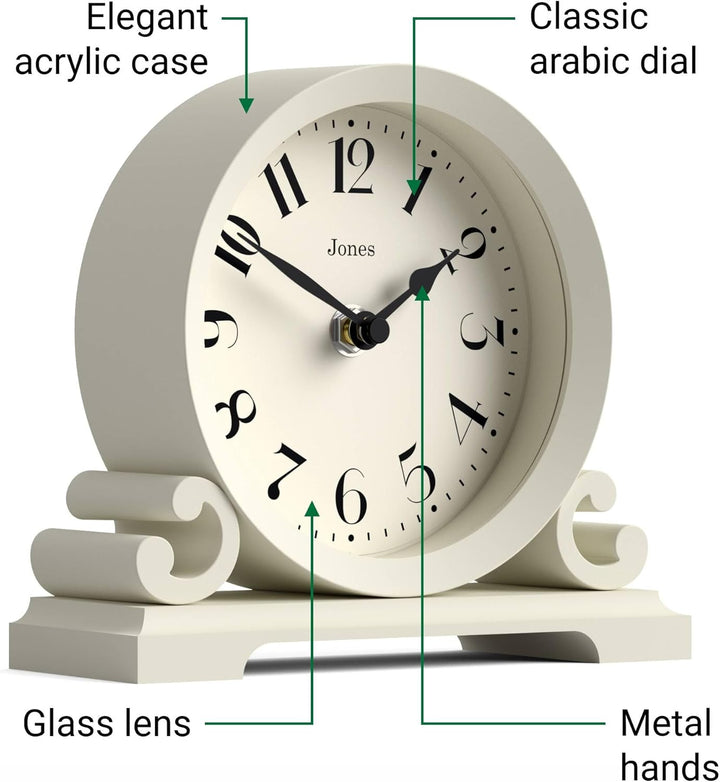 JONES CLOCKS® Saloon Tischuhr I Traditionelles DoppelIscrollIDesign I Hellcreme I Zeitgenössischer k