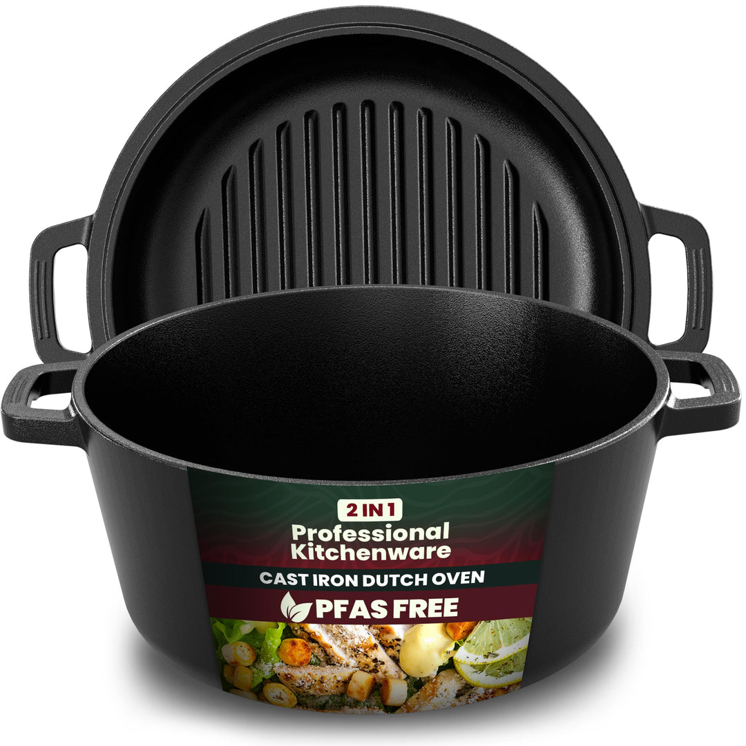 Kichly 2 in 1 Gusseisen Topf Mit Doppelter Zweck Grillpfannendeckel - Vorgewürzter Gusseiserner Dutc
