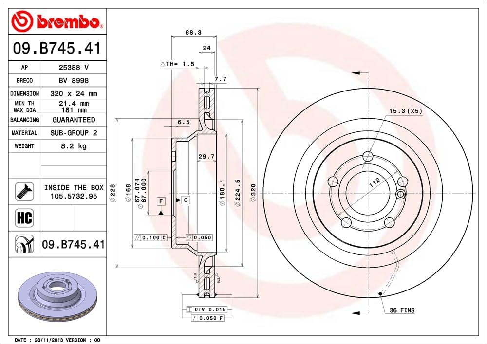 Brembo 09.B745.41 Hintere Bremsscheibe mit UV Lackierung, Anzahl 2