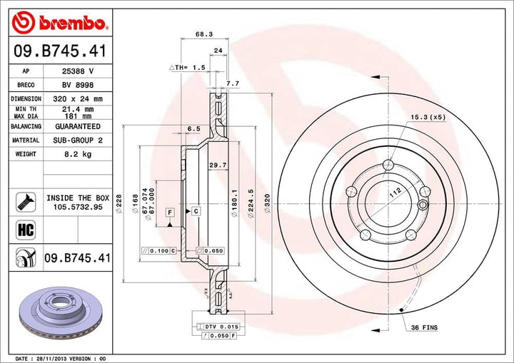 Brembo 09.B745.41 Hintere Bremsscheibe mit UV Lackierung, Anzahl 2