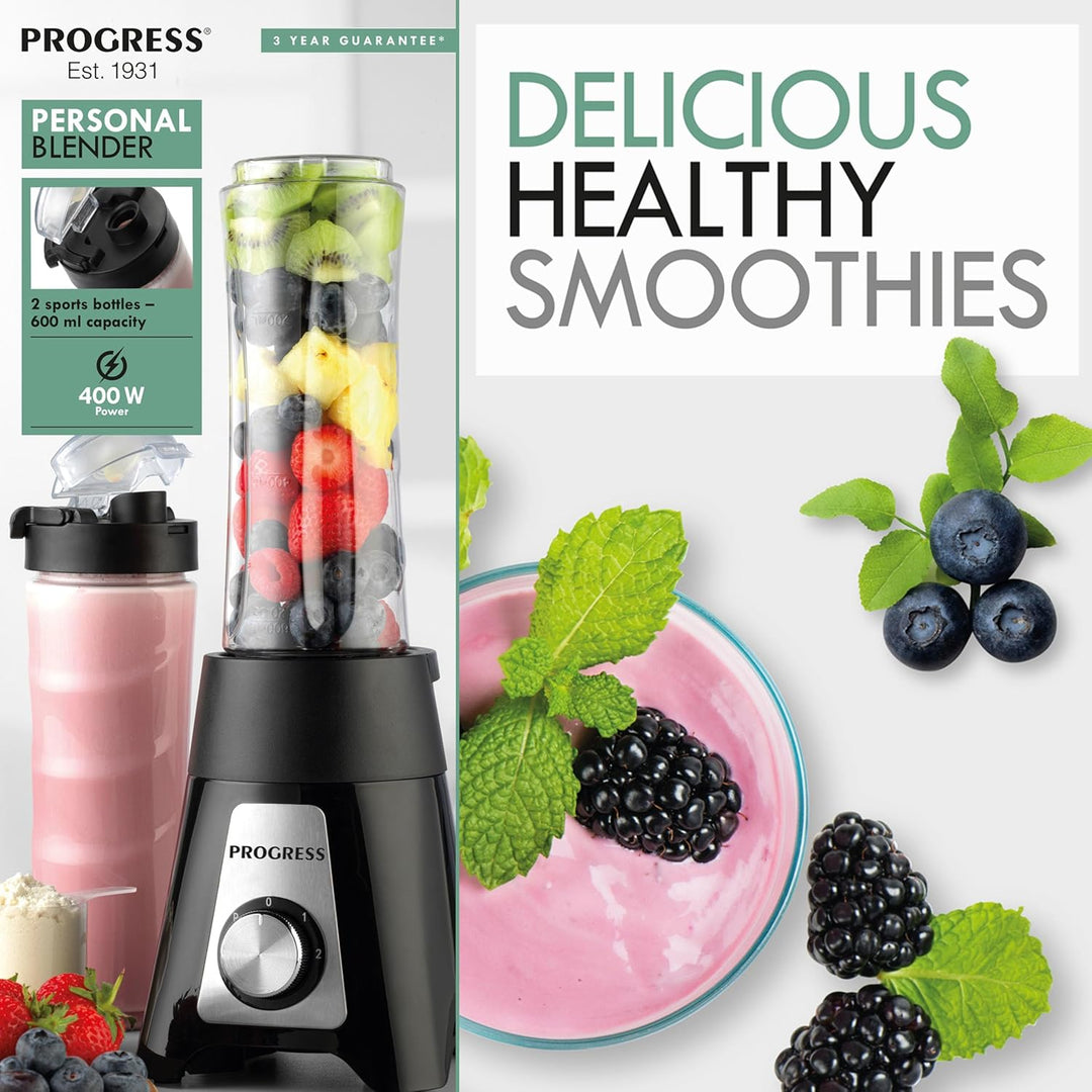 Progress kompakter Smoothie-Mixer, elektrischer Standmixer, ideal für Shakes, Säfte, 2 tragbare Spor