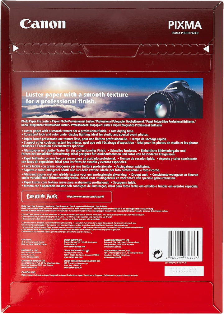 Canon Fotopapier Luster glänzend weiss - (DIN A4 20 Blatt) für Tintenstrahldrucker - PIXMA Drucker 2